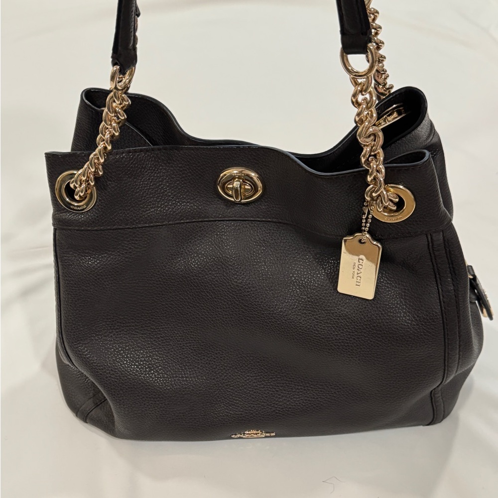 Coach Gray Pebbled Leather Hobo Bag - Gold Chain Details, Like New, Spacious